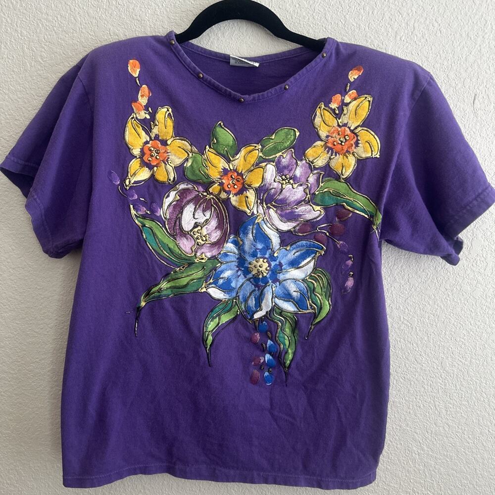 Vintage Focus Hand Painted Flora Purple Tee Size Small *